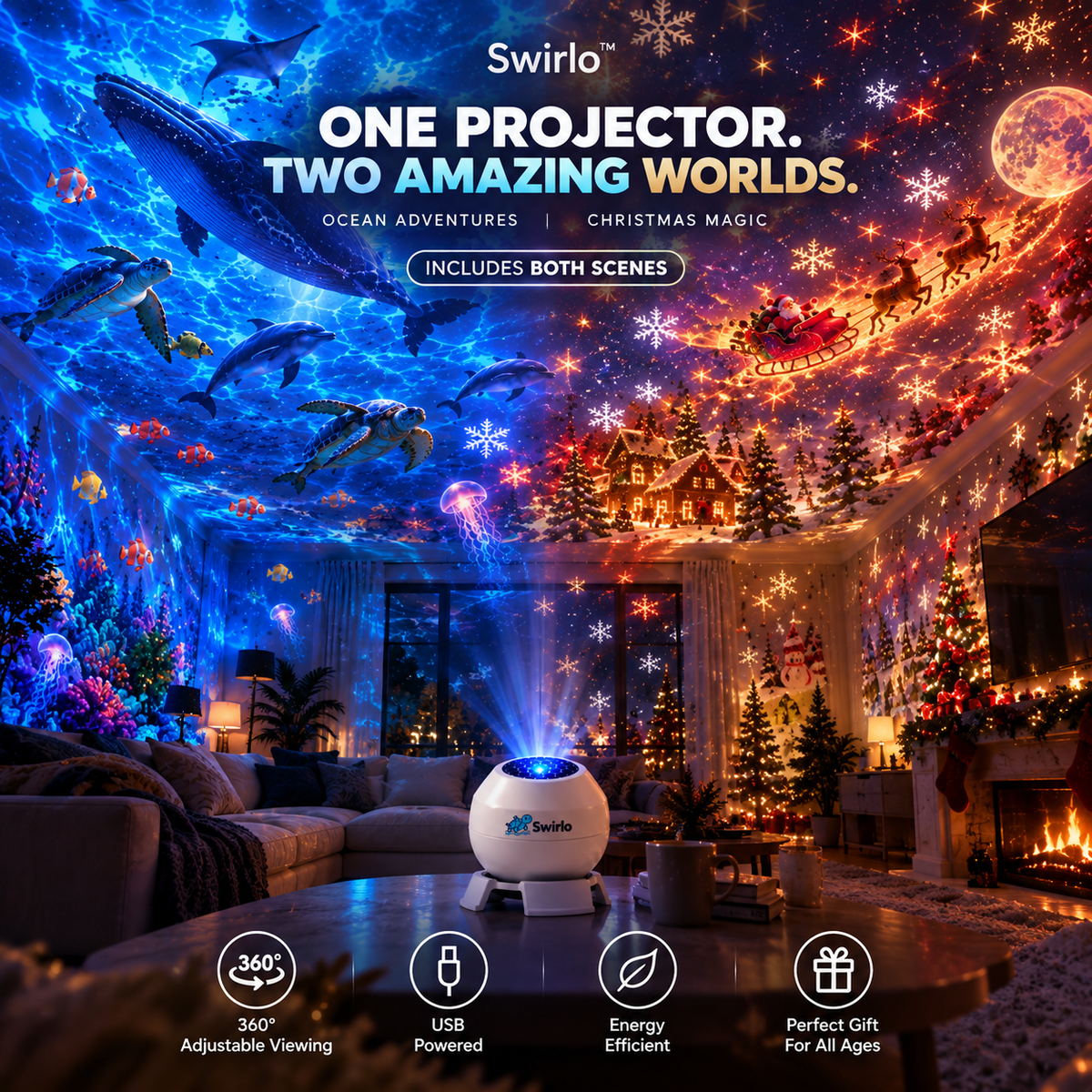 Swirlo™ OceanScape Projector – Includes Ocean & Christmas Scenes